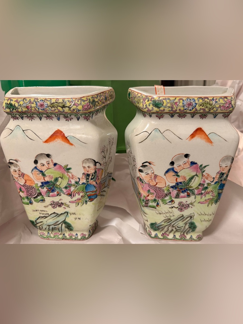 Hand-Painted Porcelain Decorative Vases in White with Multicolor Asian Motif